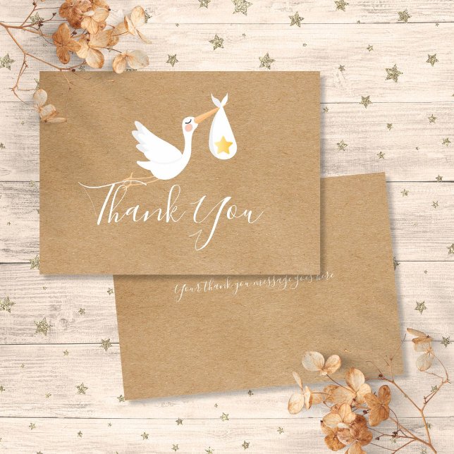 Rustik Baby Shower Könsneutral Stork Guld Stjärna Tack Kort (Rustic Baby Shower Gender Neutral Stork Gold Star Thank You Card)