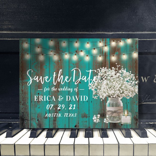 Rustik babyandning i glasburk teal trä Spara datum Meddelande Vykort (Skapare uppladdad)