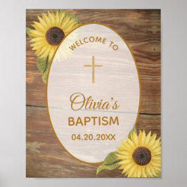 Rustik Baptism Solblommor Wood Blommigt Välkomstte Poster