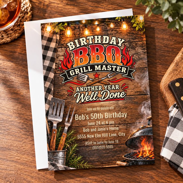 Rustik BBQ Grillmästare Födelsedagsfest Inbjudningar (BBQ Grillmaster birthday party invitation)