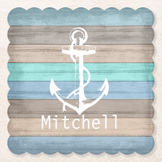 Rustik Beach Wood Nautical Rand & Anchor Underlägg Papper (Framsida)