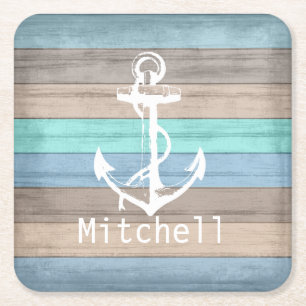 Rustik Beach Wood Nautical Rand & Anchor Underlägg Papper Kvadrat