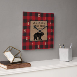 Rustik Bear Family Cabin Red Buffalo Play Burlap Fyrkantig Klocka
