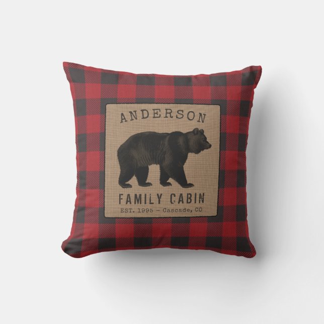 Rustik Bear Family Cabin Red Buffalo Play Burlap Kudde (Framsida)