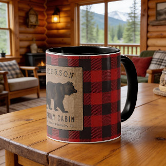 Rustik Bear Family Cabin Red Buffalo Play Burlap Mugg