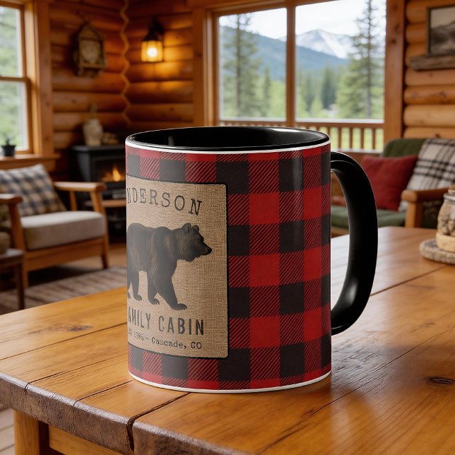 Rustik Bear Family Cabin Red Buffalo Play Burlap Mugg (Skapare uppladdad)