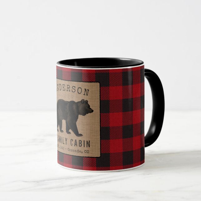 Rustik Bear Family Cabin Red Buffalo Play Burlap Mugg (Framsida höger)