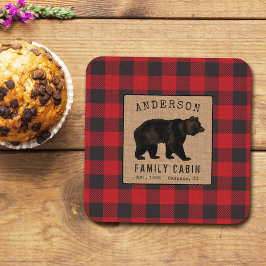 Rustik Bear Family Cabin Red Buffalo Play Burlap Underlägg Papper Kvadrat