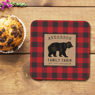 Rustik Bear Family Cabin Red Buffalo Play Burlap Underlägg Papper Kvadrat