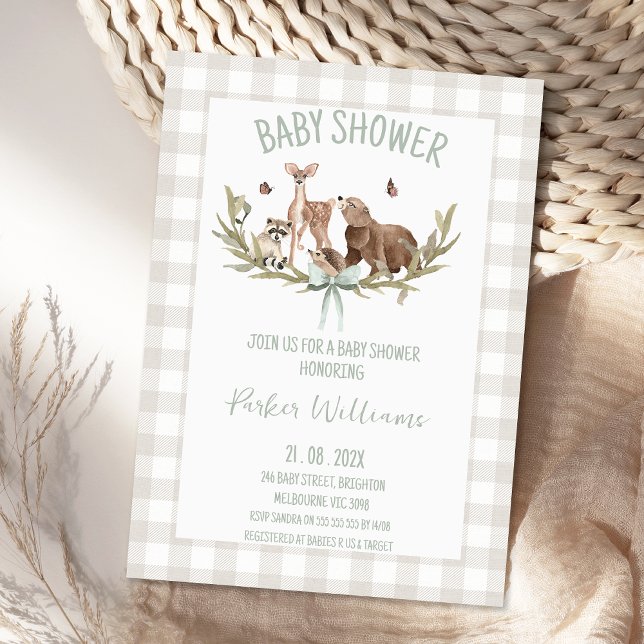 Rustik Beige Gingham Skogs Barnkalas Inbjudningar (Gender Neutral Woodland Baby Shower Invitation Template, Woodland Animals Baby Shower Invitations)