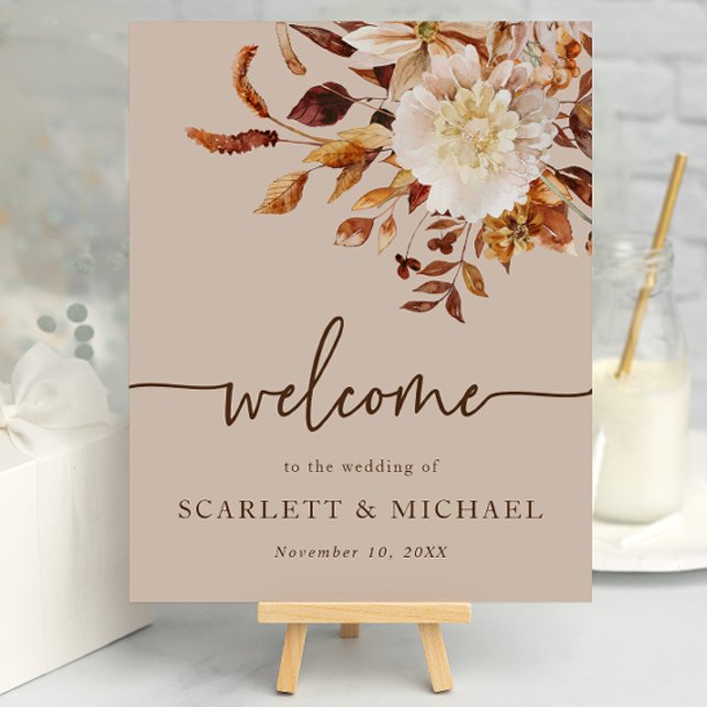 Rustik Beige Höstblad Välkomstaffisch Poster (Rustic Taupe Fall Leaves Welcome Sign Poster by Painted Paperie
)