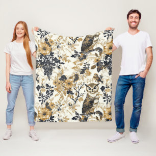 Rustik Beige Ugglas Skogsblommiga Mönster Fleecefilt
