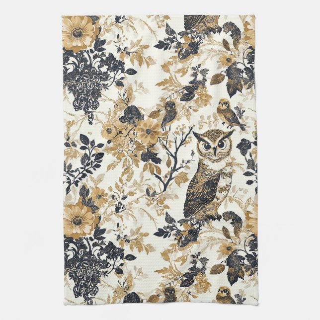 Rustik Beige Ugglas Skogsblommiga Mönster Kökshandduk (Vertikal)