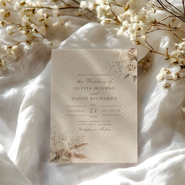Rustik Beige Vita Rosor Bröllopsinbjudan Inbjudningar (Rustic Beige Dried Flower & White Roses Wedding Invitation on a sunny table with white dry flowers.)
