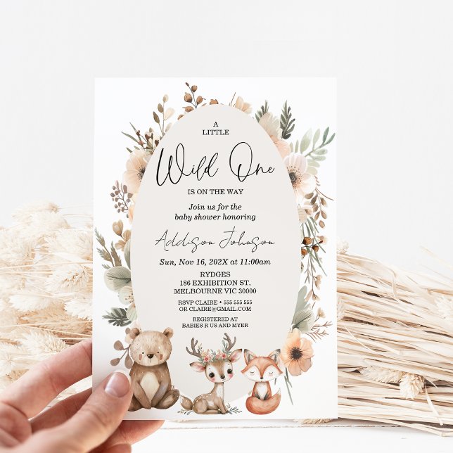 Rustik Beige Wild One Woodland Bebis Shower  Inbjudningar (Fall Woodland Wild One Baby Shower Invitation, Gender Neutral, Autumn Woodland Baby Shower Invite)