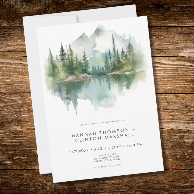 Rustik Bergssjö Scen Vattenfärg Bröllop Inbjudningar (Rustic Mountain Lake Scene Watercolor Wedding Invitation)
