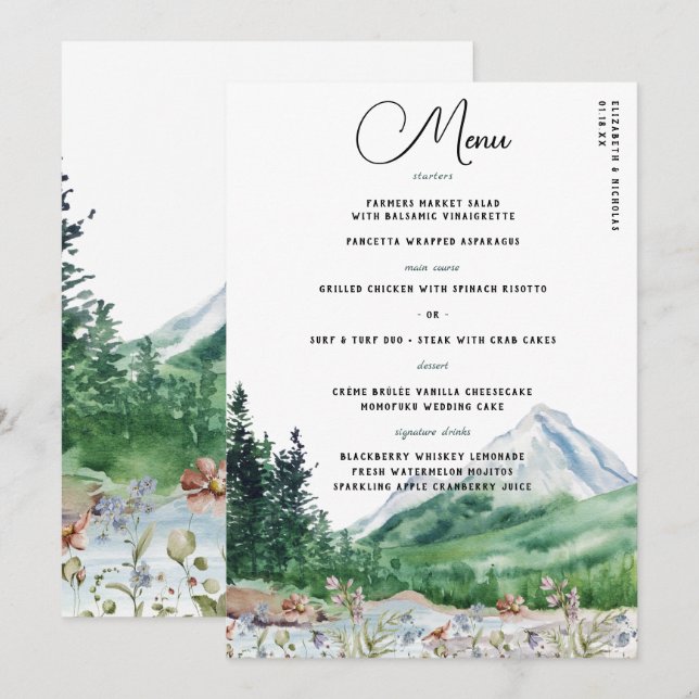 Rustik Bergsvildblomma | Boho Bröllopsmeny Meny (Fram/baksida)