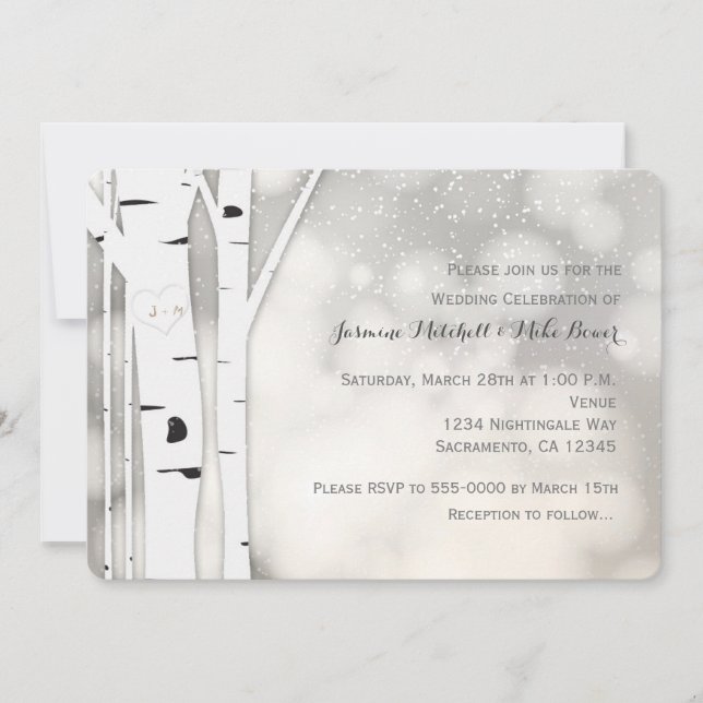 Rustik Björkträd Vinter Vit Bröllopsinbjudan Inbjudningar (Framsida)