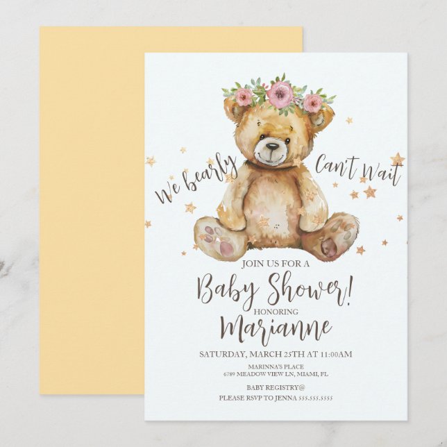 Rustik Björn Baby Shower Flicka Blommig Inbjudningar (Fram/baksida)