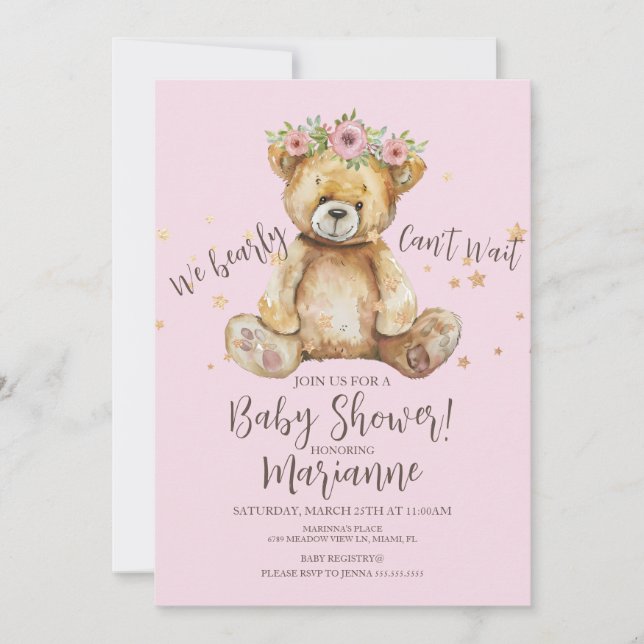 Rustik Björn Baby Shower Flicka Inbjudningar (Framsida)