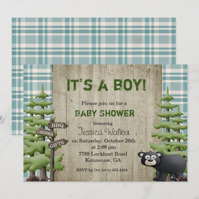 Rustik björn baby shower inbjudan pojke (Fram/baksida)
