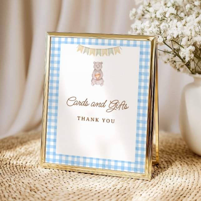 Rustik Björn Blå Rutig Baby Shower Bordsskylt Poster (Rustic Bear Blue Gingham Tabletop Sign)