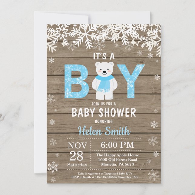 Rustik Björn Vinter Pojke Baby Shower Inbjudningar (Framsida)