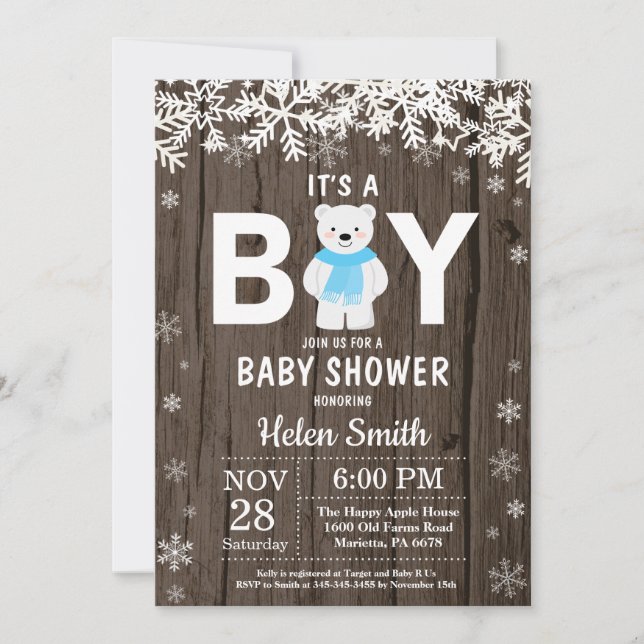 Rustik Björn Vinter Pojke Baby Shower Inbjudningar (Framsida)