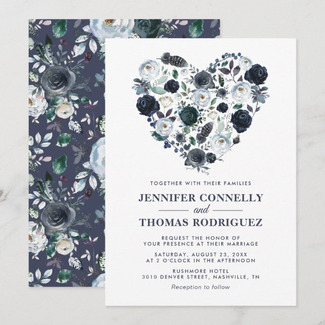 Rustik Blå Akvarell Blommig Hjärtbröllop Inbjudningar (Fram/baksida)