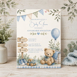 Rustik Blå Akvarell Teddybjörn Baby Boy Shower Inbjudningar