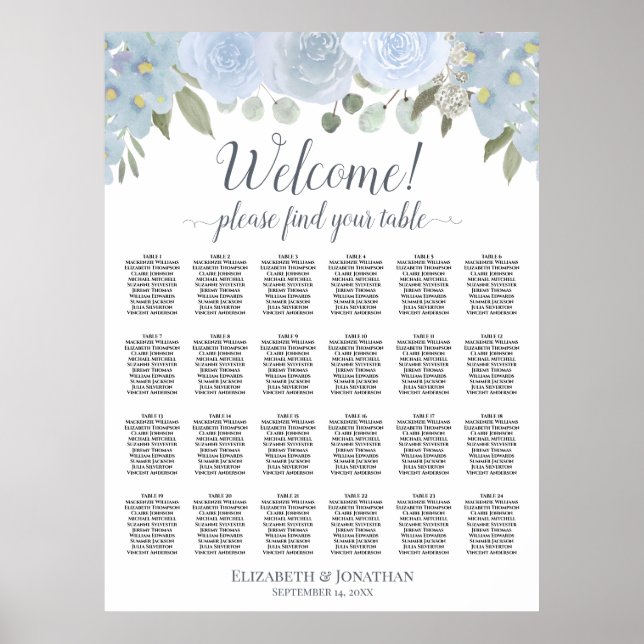 Rustik Blå Blommig Bordplacering för 24 Bord Poster (Framsidan)