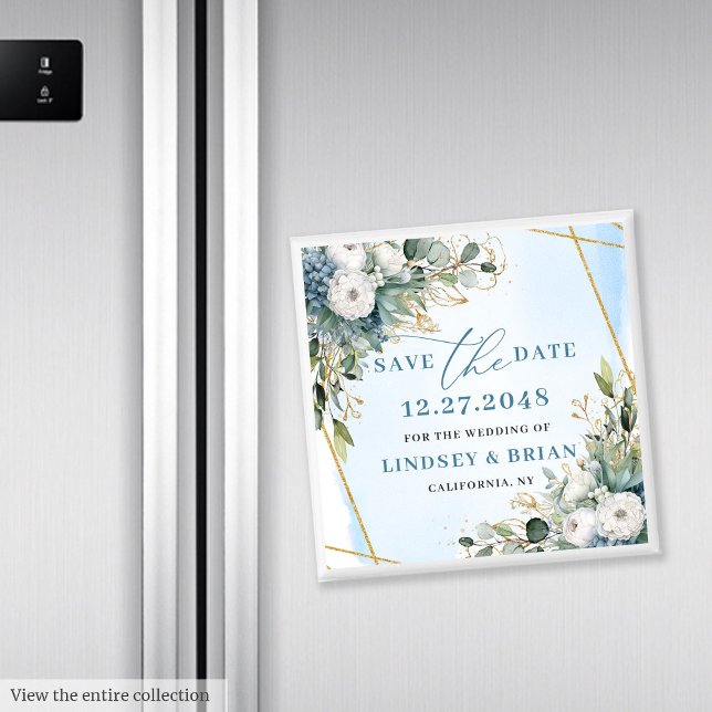 Rustik Blå Blommig Guld Spara Datum Magnet (Rustic Dusty Blue Floral Gold Save The Date Magnet

)