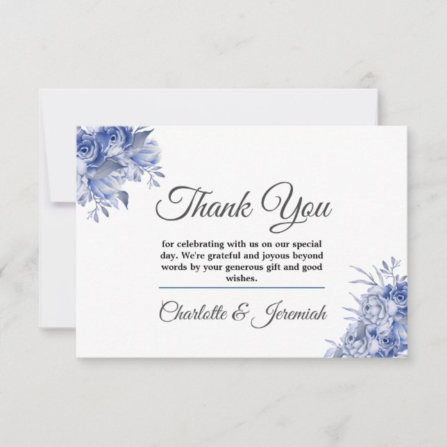 Rustik blå Blommigt Vattenfärg Monogram Bröllop Tack Kort (Framsida)