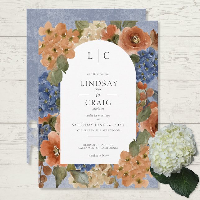 Rustik Blå & Bränd Orange Rost Blommig Monogram Inbjudningar (Skapare uppladdad)