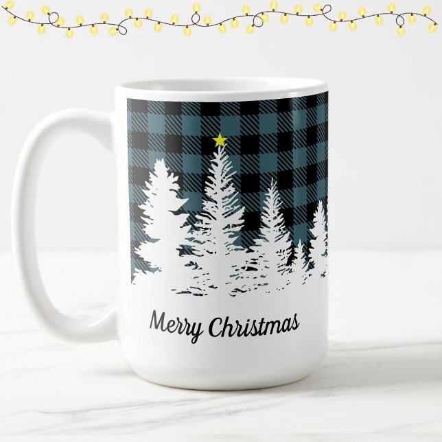 Rustik Blå Buffalo Rutig Skog God Jul  Kaffemugg (Skapare uppladdad)