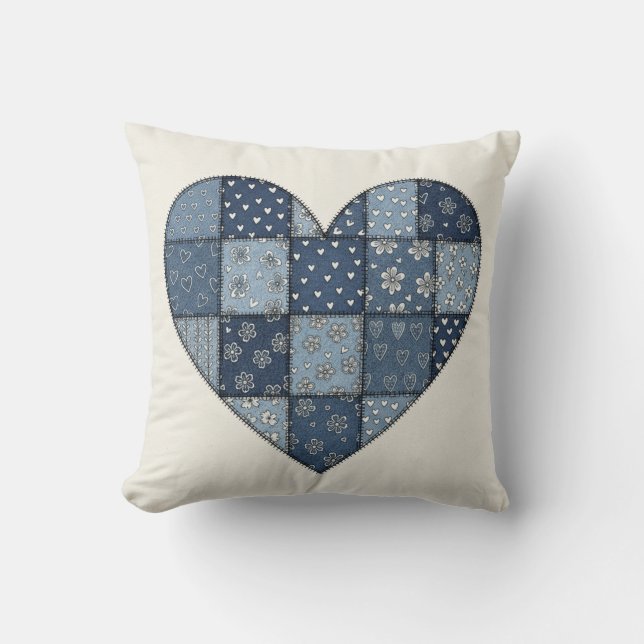 Rustik Blå Denim Lappteknik Hjärtillustration Kudde (Framsida)