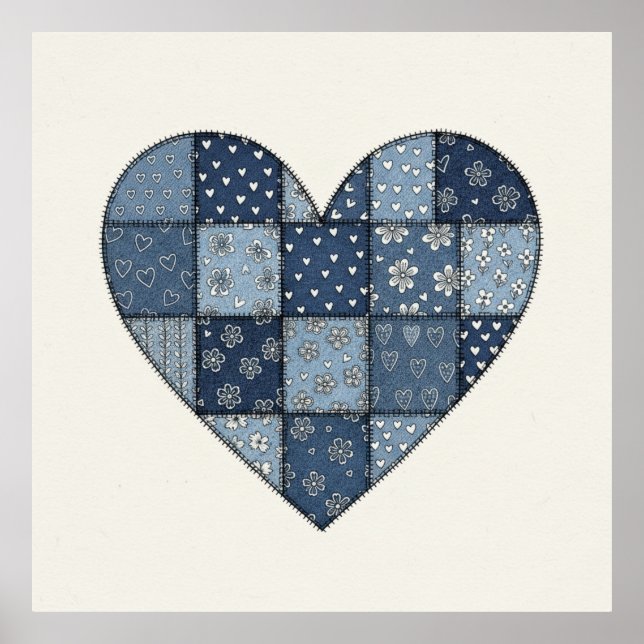 Rustik Blå Denim Lappteknik Hjärtillustration Poster (Framsidan)