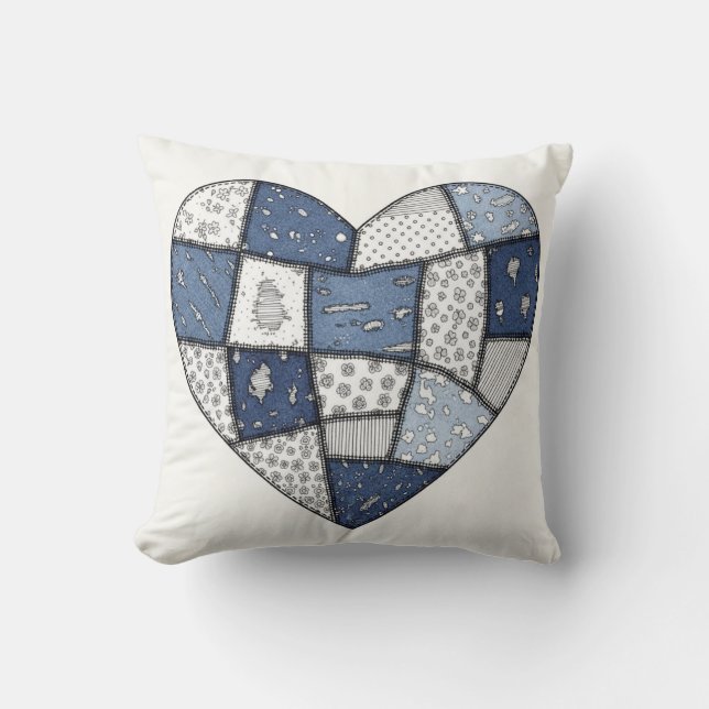 Rustik Blå Denim Lappverk Hjärtillustration Kudde (Framsida)
