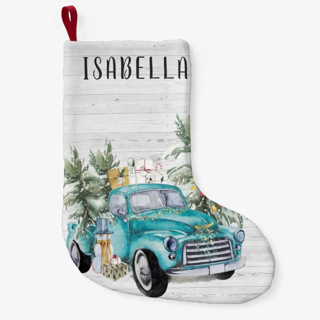 Rustik Blå Farmhouse Lastbil | Monogram Jul Liten Julstrumpa (Framsidan)