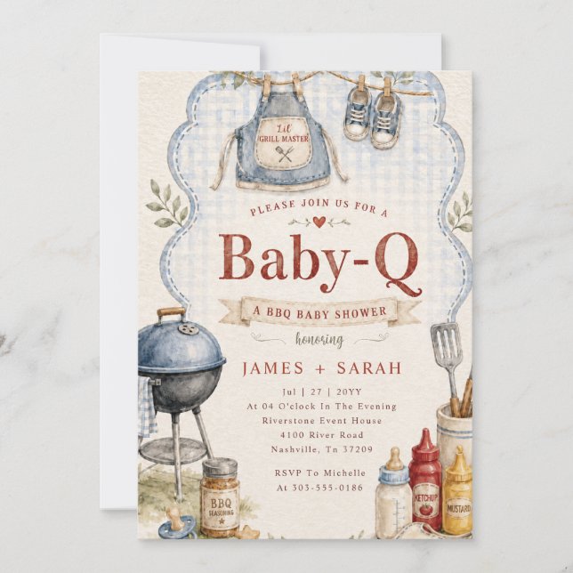 Rustik Blå Gingham Baby Q Grillfest Barnkalas Inbjudningar (Framsida)