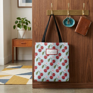 Rustik Blå Gingham Och Körsbär Monogram Tygkasse