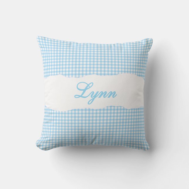 Rustik Blå Gingham Personligt Namn Kudde (Framsida)