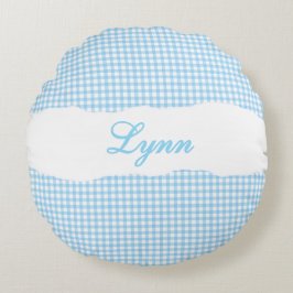 Rustik Blå Gingham Personligt Namn Rund Kudde
