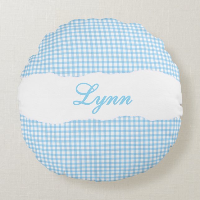 Rustik Blå Gingham Personligt Namn Rund Kudde (Framsidan)
