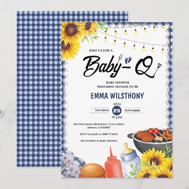 Rustik Blå Gingham Rutig Babyfirande BBQ Inbjudningar (Fram/baksida)