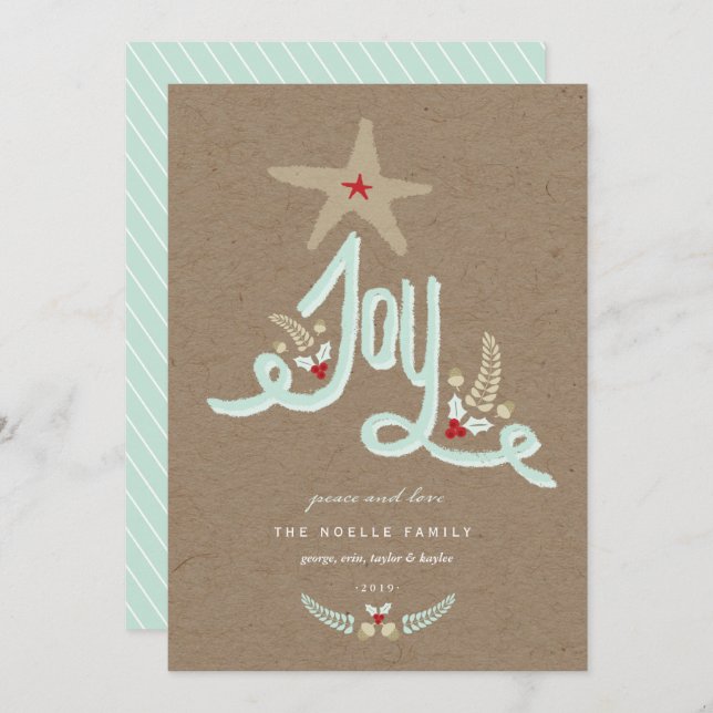 Rustik Blå Glädje Kalligrafi Lövverk Handritad Julkort (Fram/baksida)