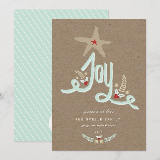 Rustik Blå Glädje Kalligrafi med Handritad Foliage Julkort (Fram/baksida)