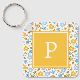 Rustik Blå Gul Vår Blommig Monogram Nyckelring