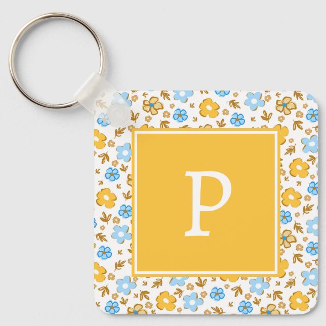 Rustik Blå Gul Vår Blommig Monogram Nyckelring (Framsida)