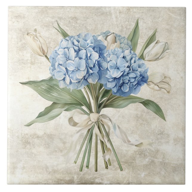 Rustik Blå Hydrangea i Vattenfärg  Kakelplatta (Framsidan)